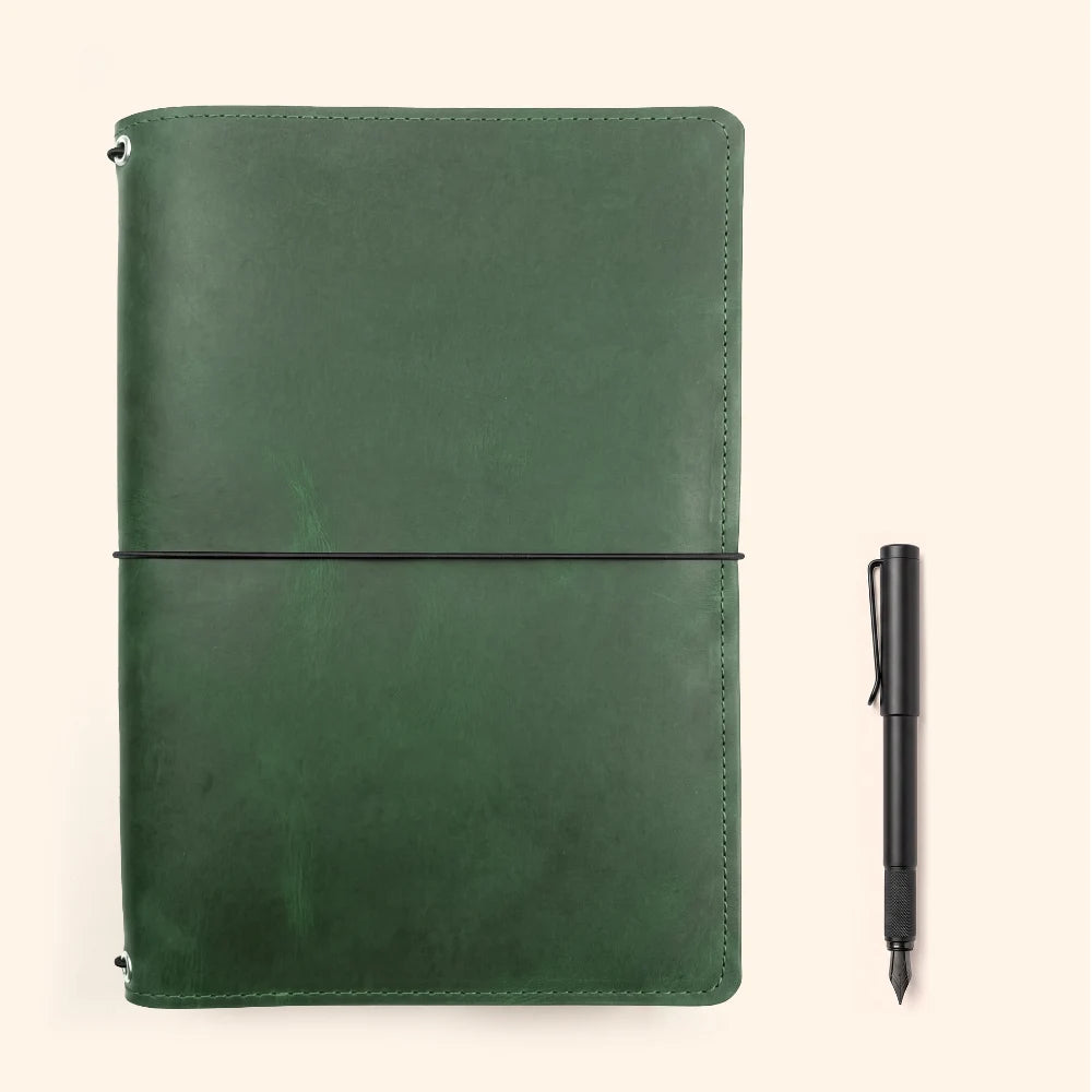 Natural leather organizer featuring elastic bands for holding three notebook refills.