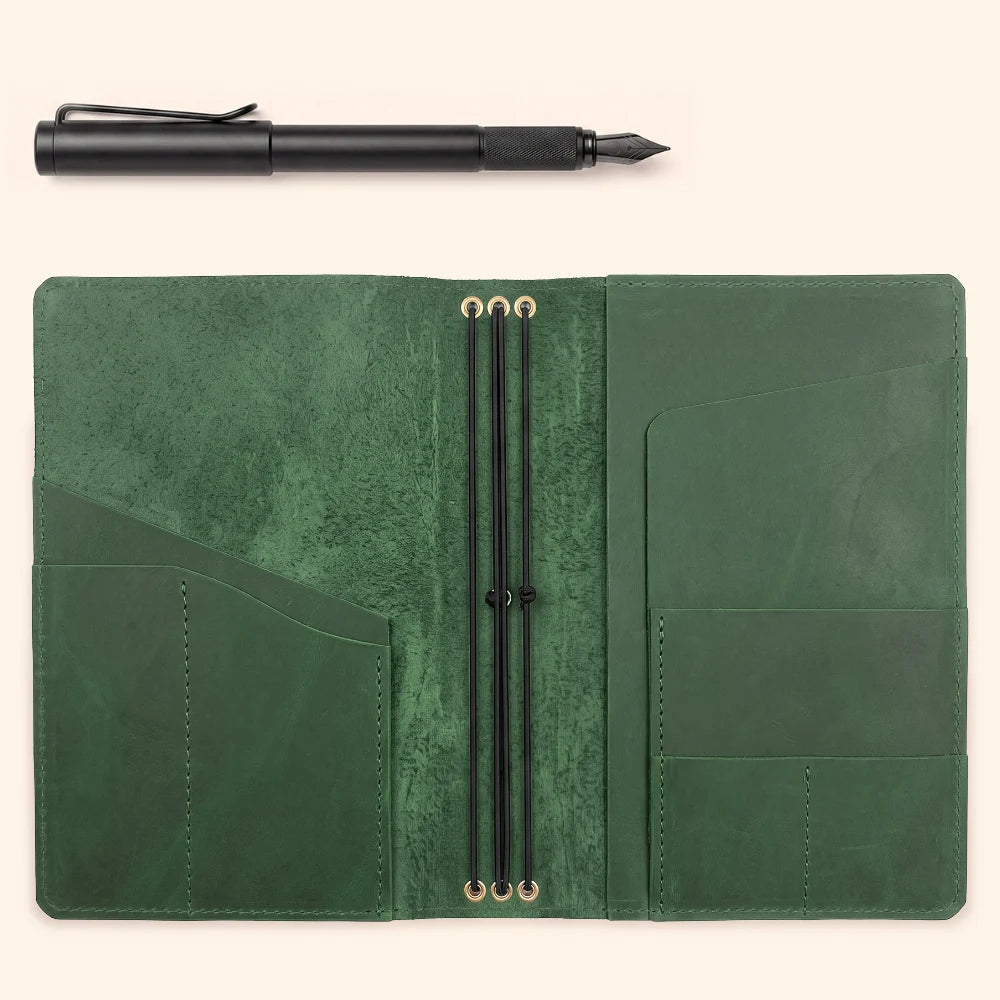 Refillable genuine leather planner cover with three elastic straps for flexible organization.