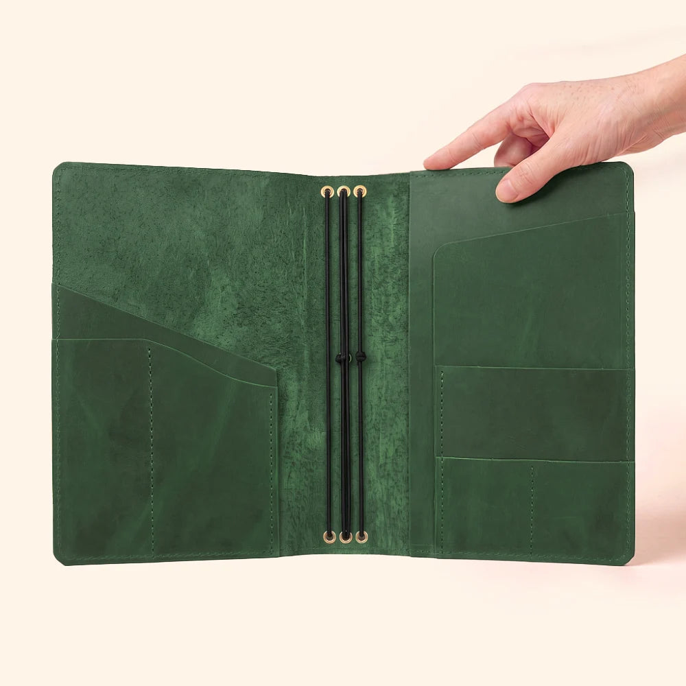 Leather notebook portfolio featuring triple elastic attachment for customizable inserts.