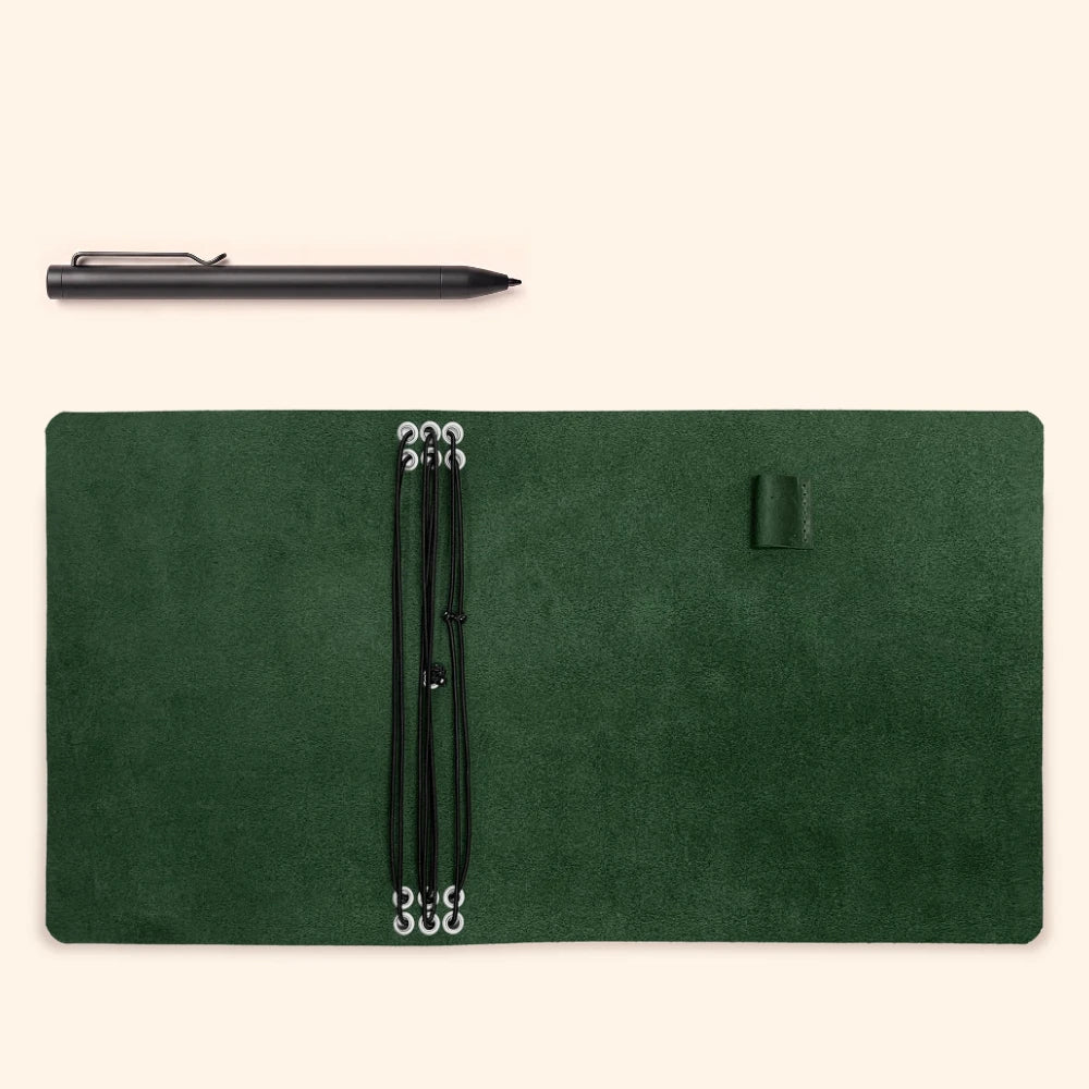 Durable handmade leather journal cover with six bands for organizing notebook inserts.
