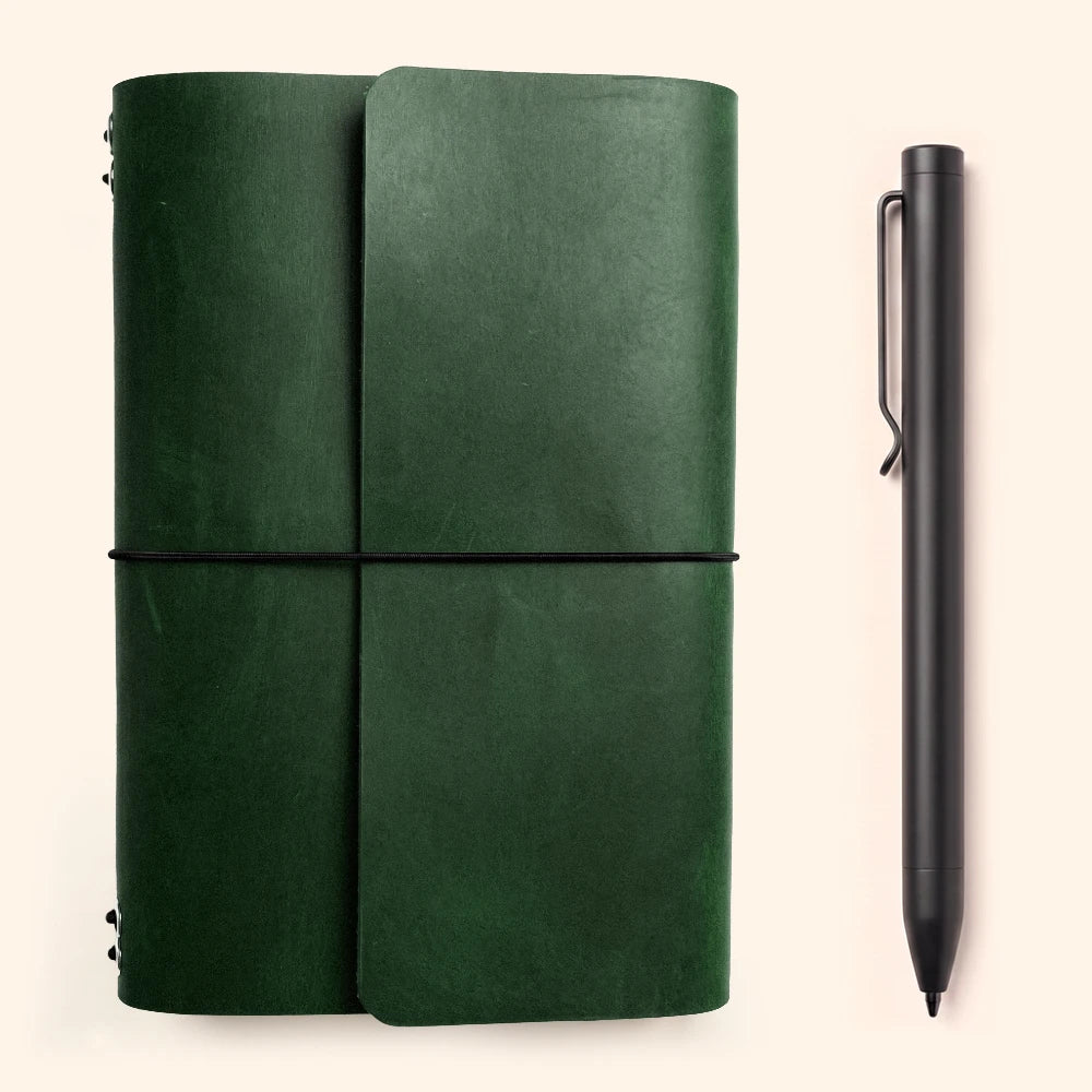 Genuine leather journal cover with six flexible bands and a dedicated pen loop.