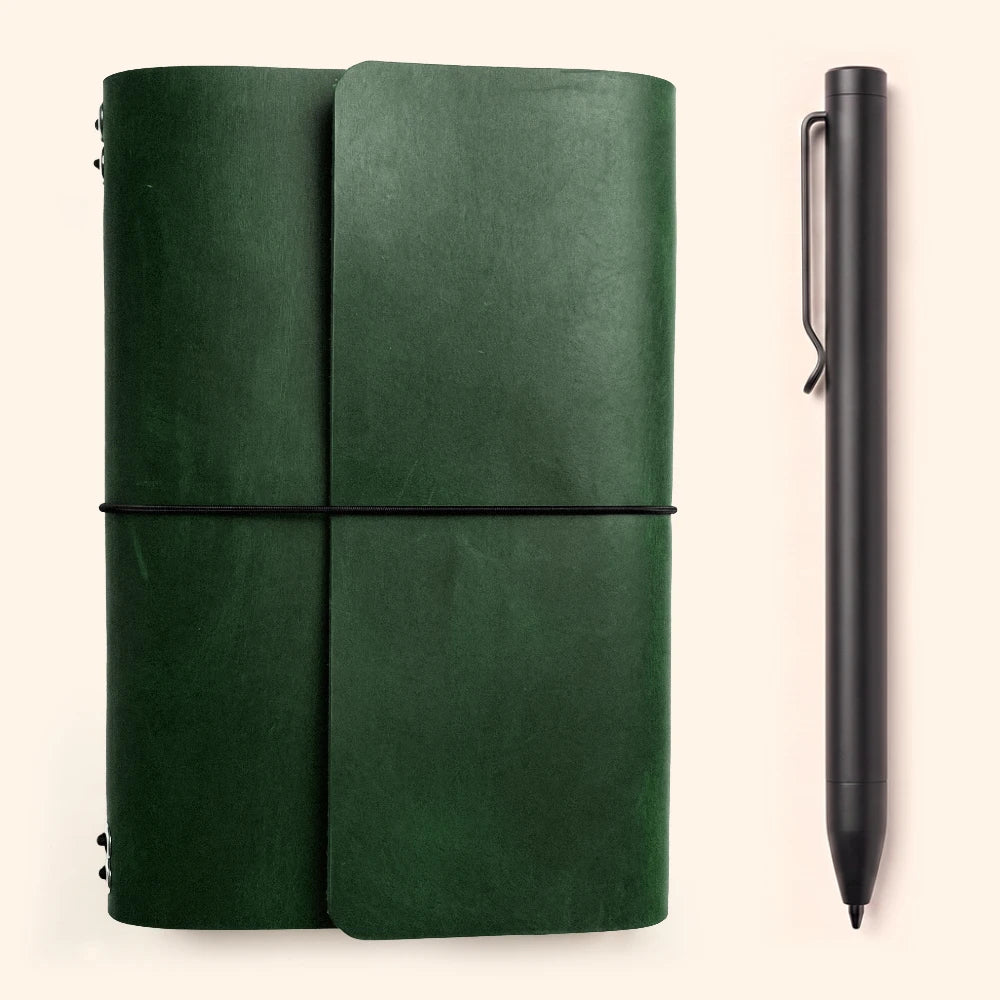 Refillable leather notebook case featuring six interior elastic bands for inserts.
