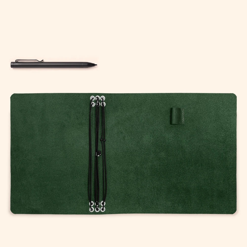Flexible leather notebook shell with six interior retainers and a side pen loop.