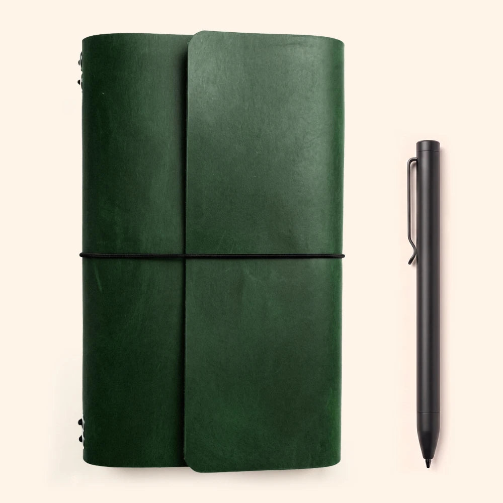 Hand-finished leather notebook wrap with six elastic cords and convenient pen storage.