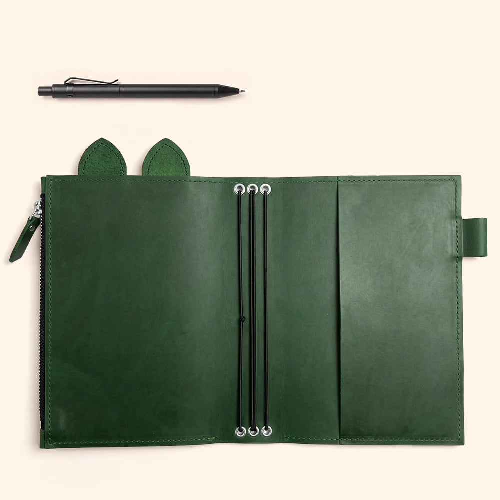 Genuine leather notebook case with a wide zipper pocket for carrying daily essentials.