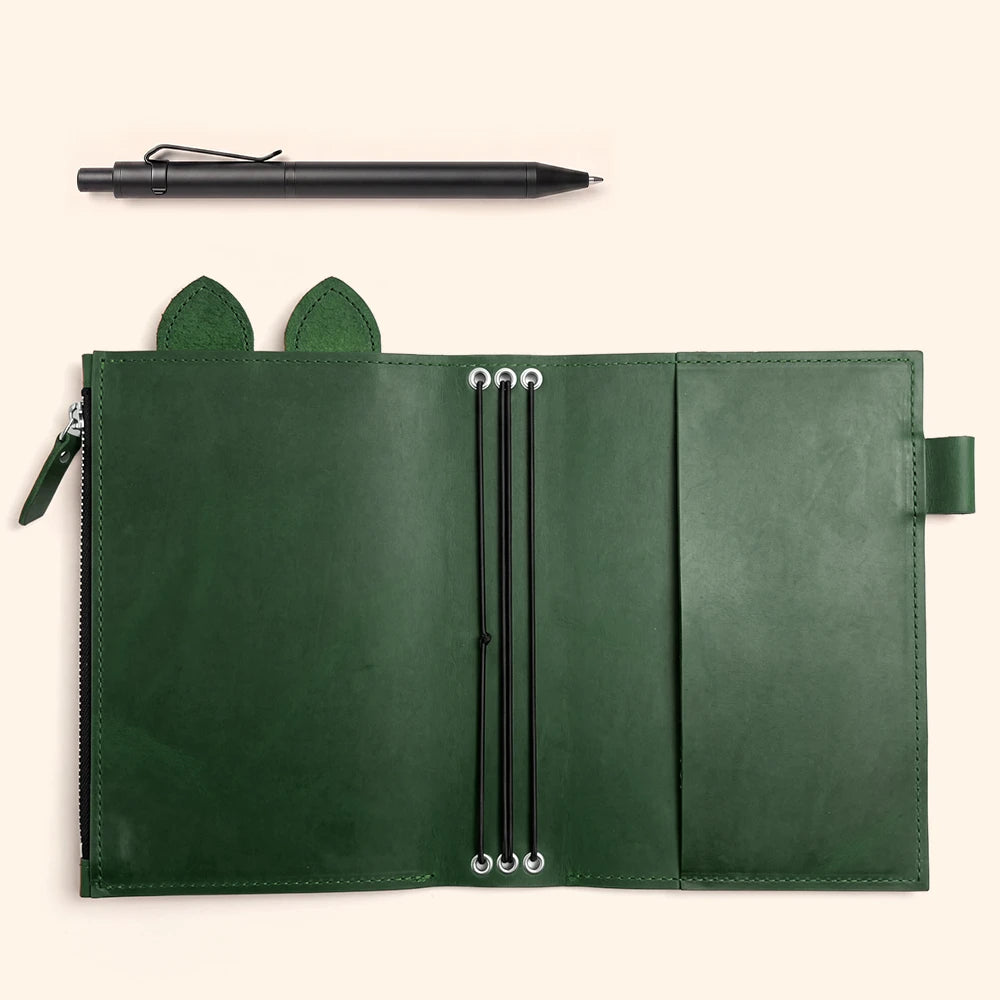 Handmade genuine leather organizer with large zip pocket, pen loop, decorative ears, and three bands.