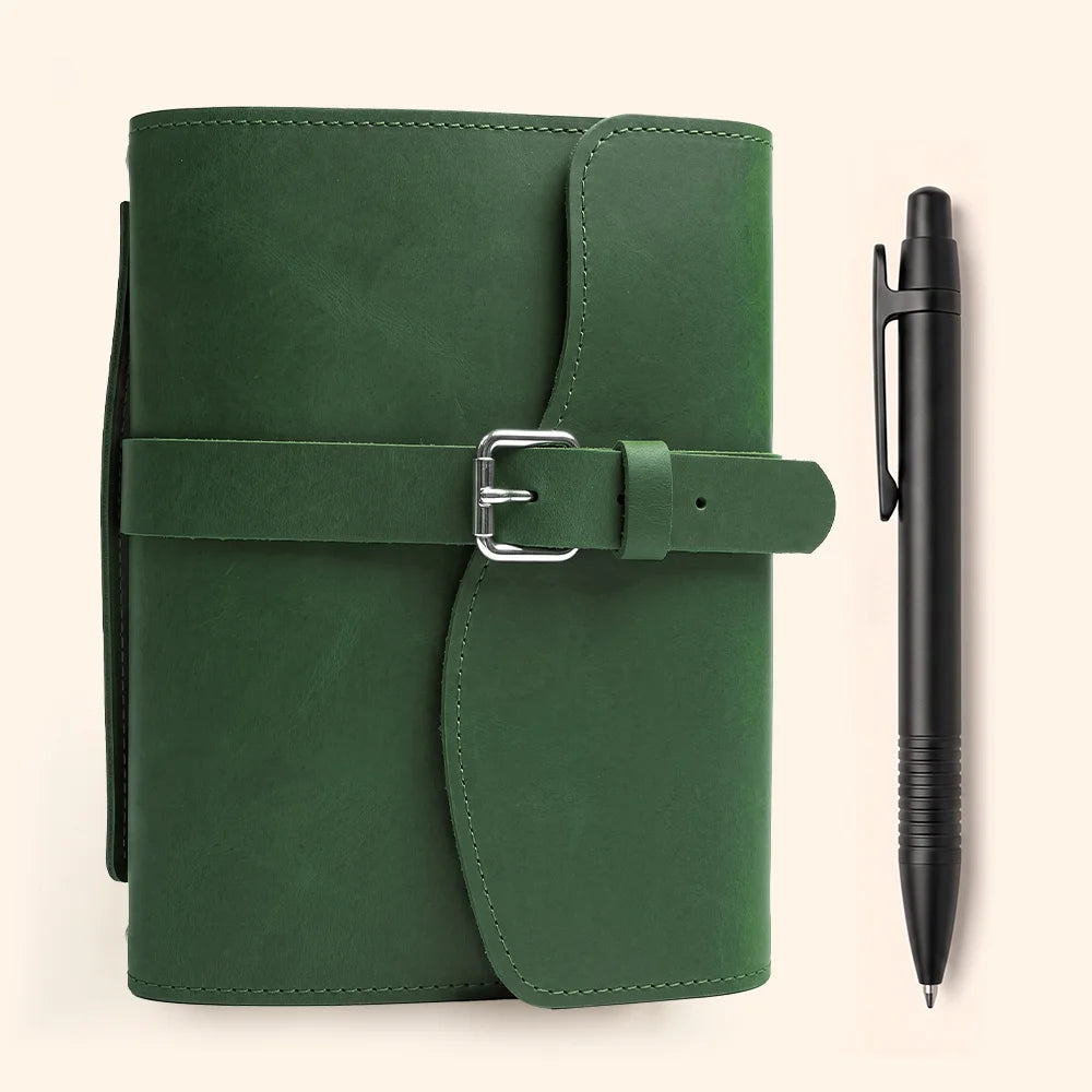 Premium natural leather journal cover with interior organizers, elastic pen loop, ribbon bookmark, and outside handle.