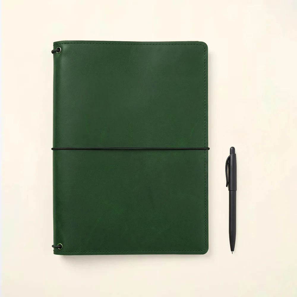 Leather notebook wallet designed with storage pockets and secure notebook elastic system.