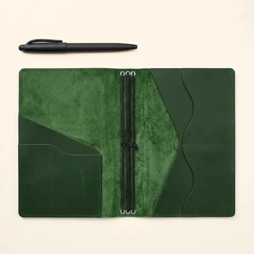 Leather journal organizer with three elastic bands, card slots, and functional inner pockets