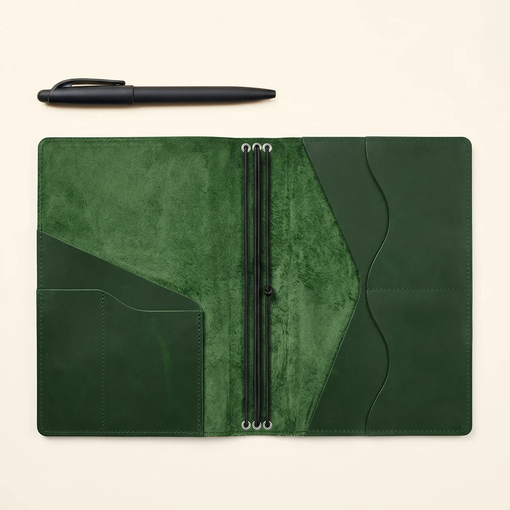 Rustic leather notebook cover showcasing card holders and elastic bands.