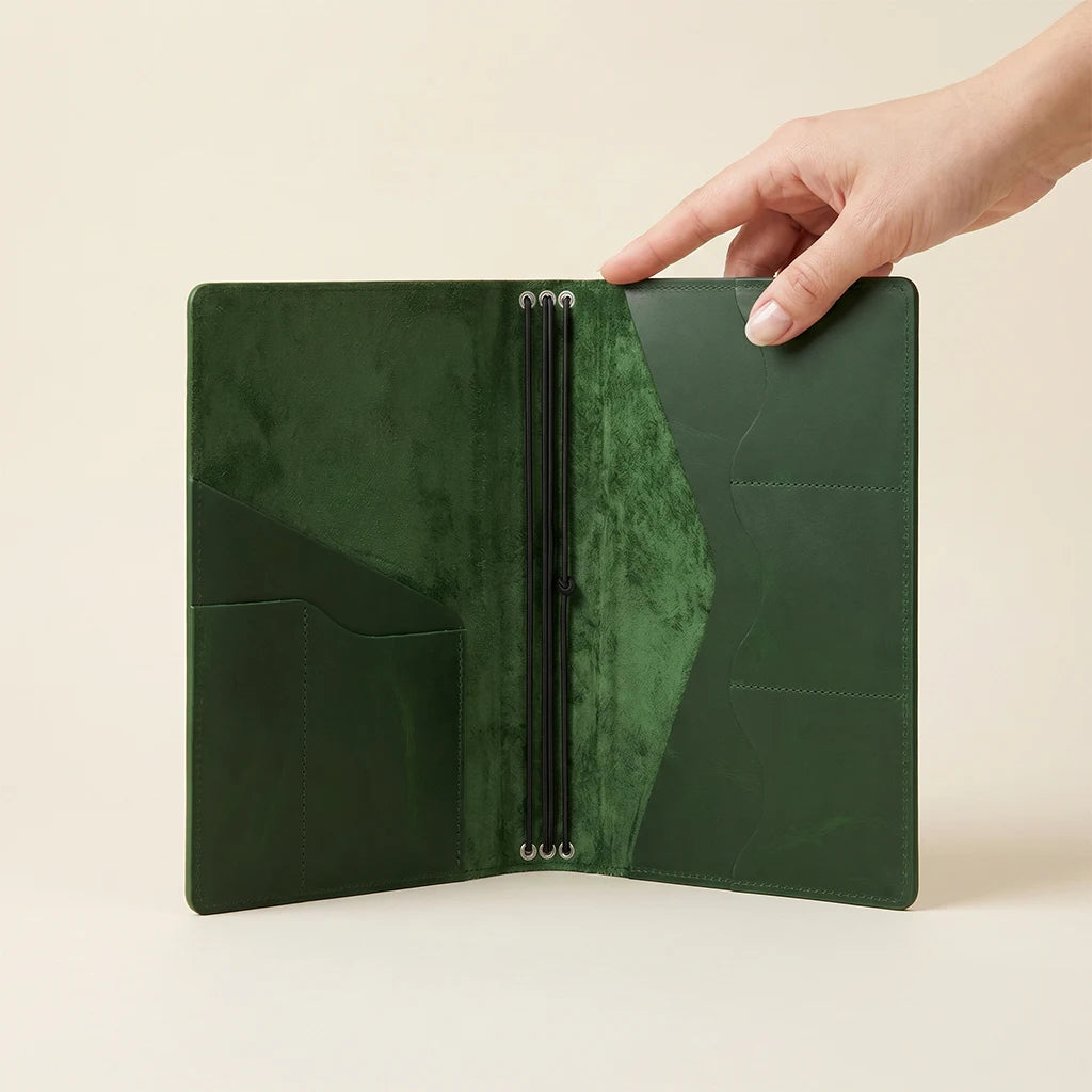 Functional leather notebook wrap with card storage and elastic retention.