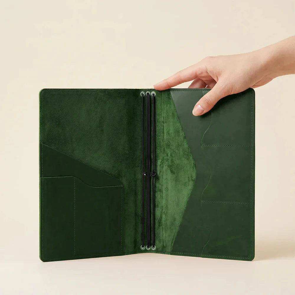 Handcrafted leather journal organizer featuring three notebook elastics and interior storage sections.