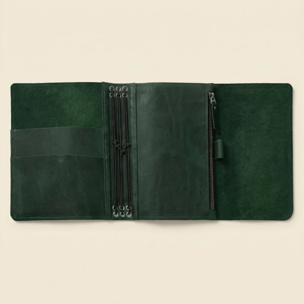 Green leather journal with zippers on a beige background