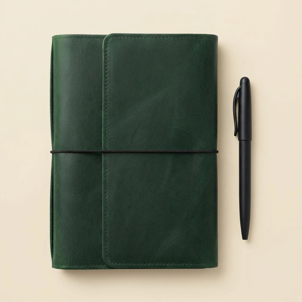 Green leather notebook with a black pen on a beige background