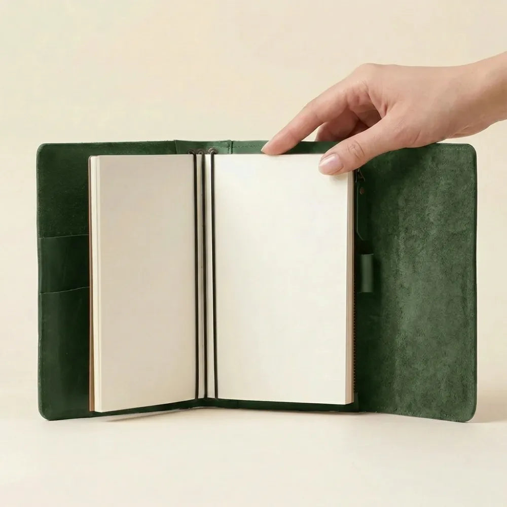 Handmade leather planner cover with triple elastics and storage pockets.