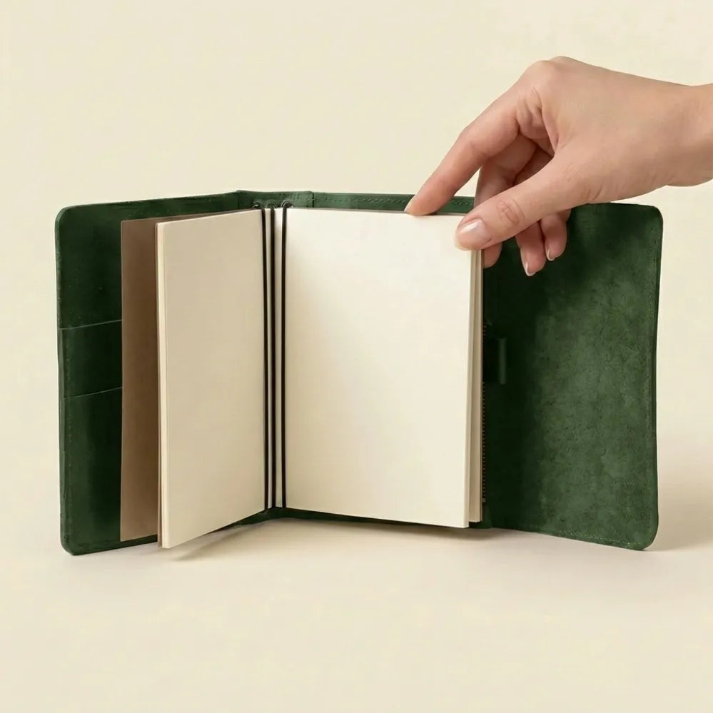 Leather notebook organizer with three elastics and interior card storage.