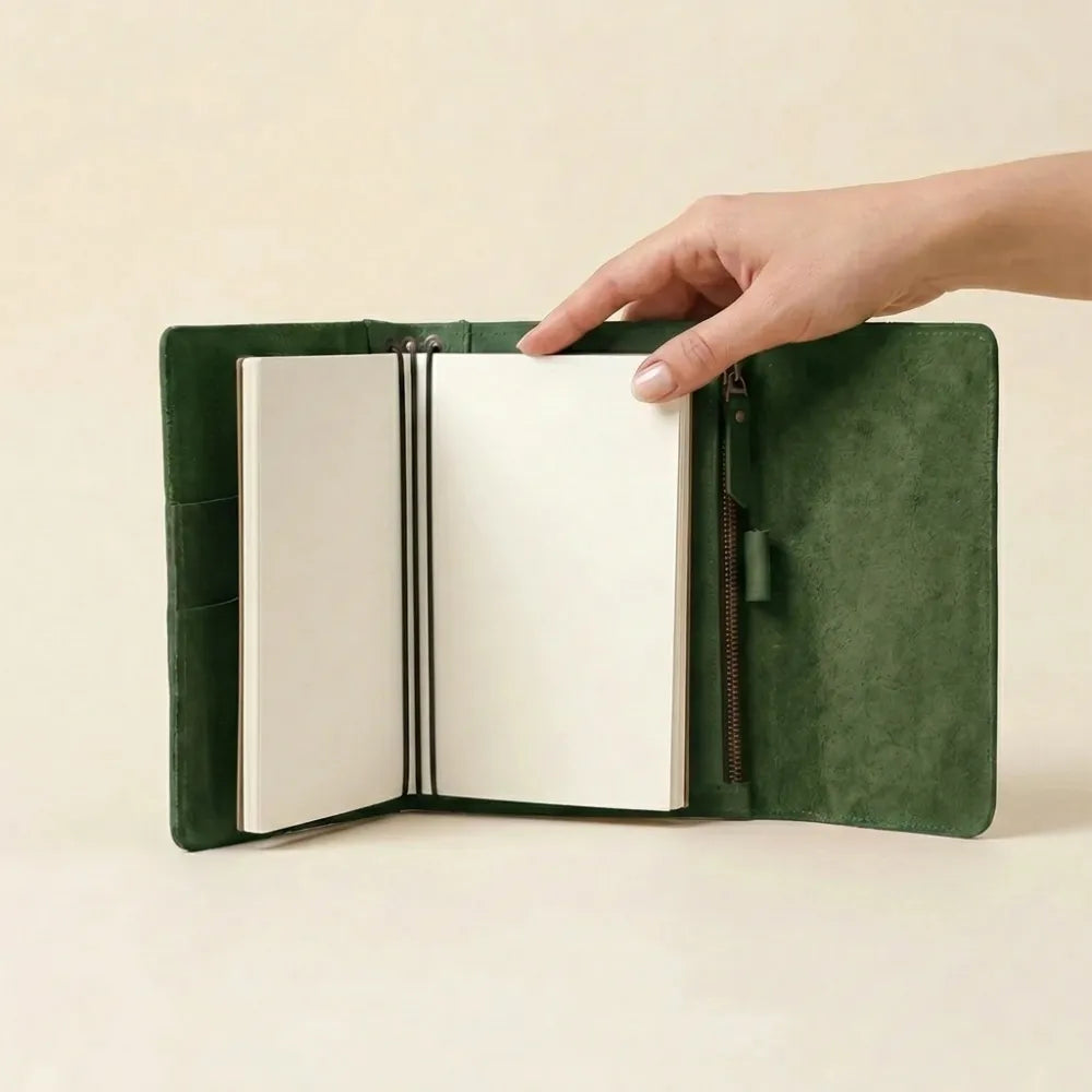 Leather notebook cover crafted for planners, journals, and travel notes.