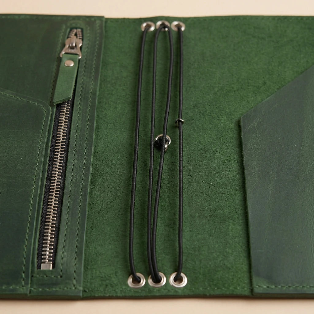 Green leather journal with zipper and lanyards on a beige background