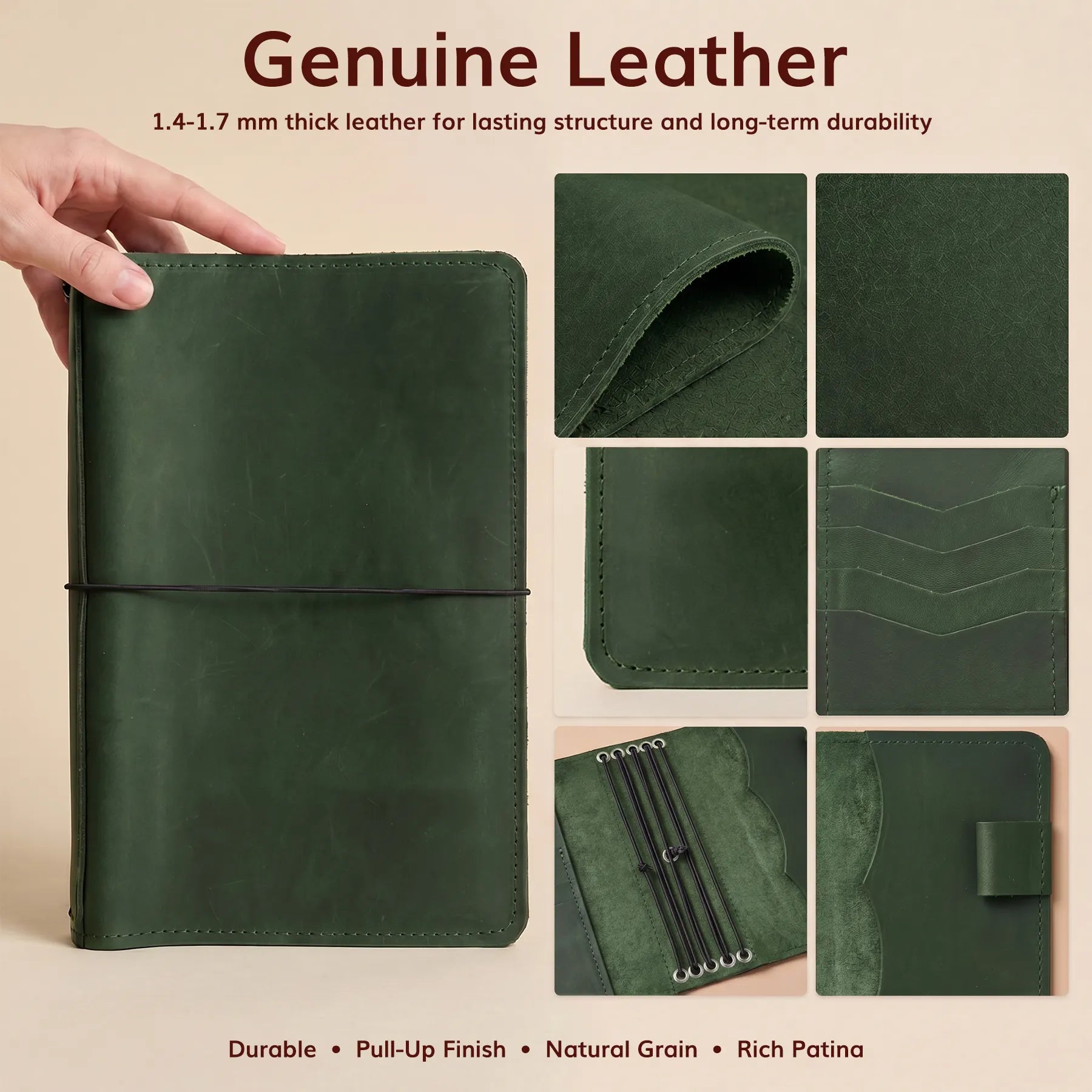 Genuine leather notebook cover with multiple elastic bands and practical storage pockets inside.