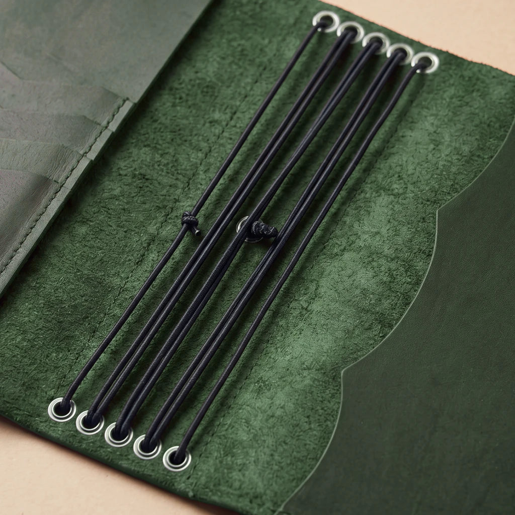 Handcrafted leather cover with pen holder and refillable notebook system