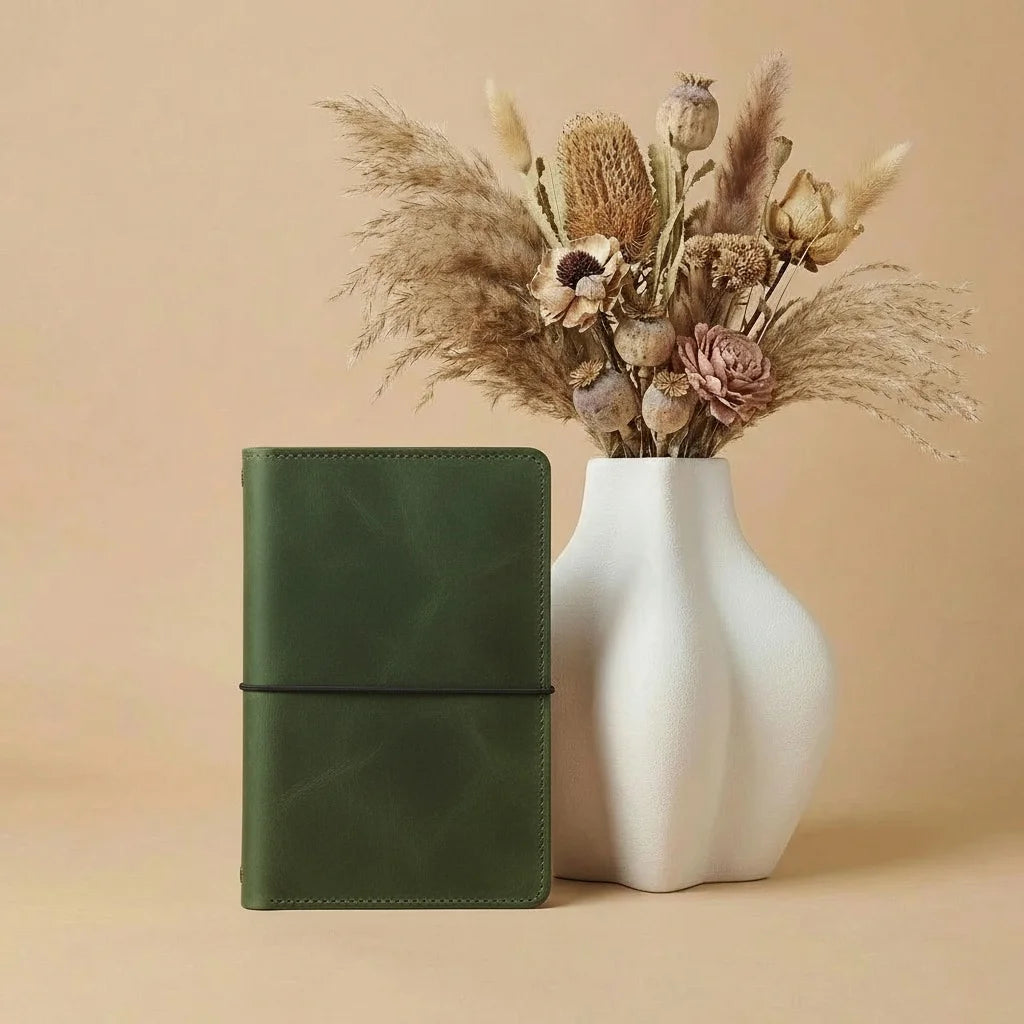 Green leather journal cover next to a white vase with dried flowers on a beige background