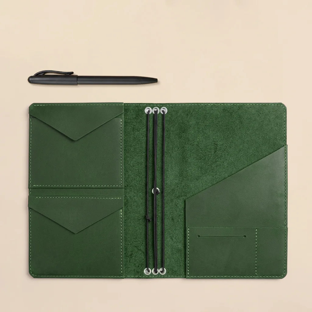 Leather planner cover with organized interior sleeves and secure refillable elastic notebook system.