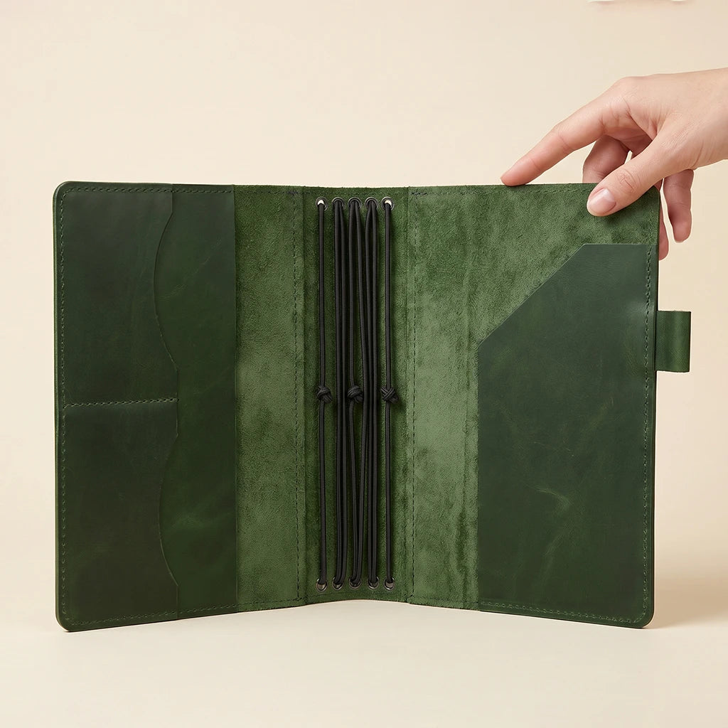 Genuine leather writing cover with notebook straps and internal compartments