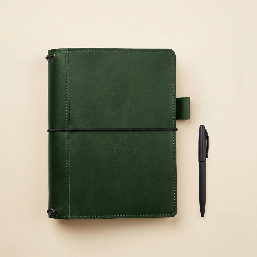 Leather journal organizer with flexible elastic cords and pen storage loop