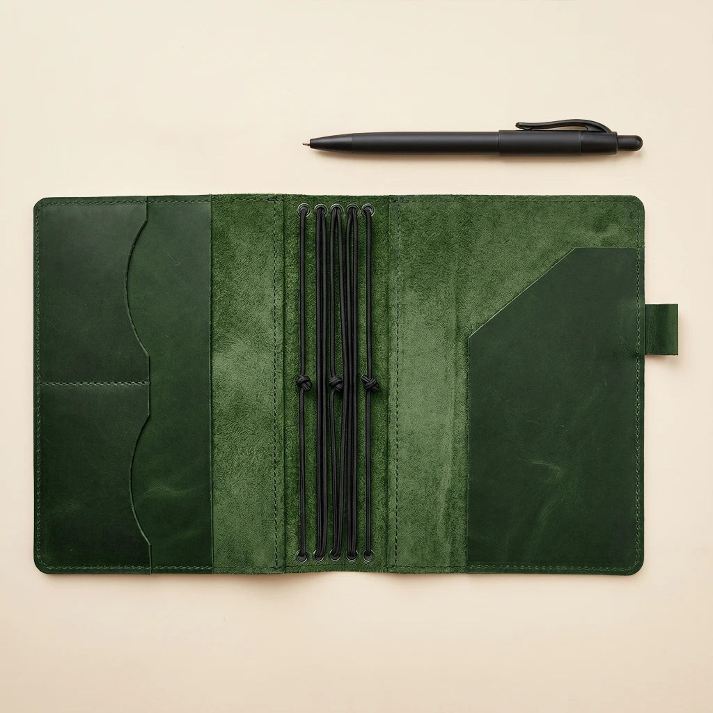 Compact leather journal organizer with five elastic bands and pockets
