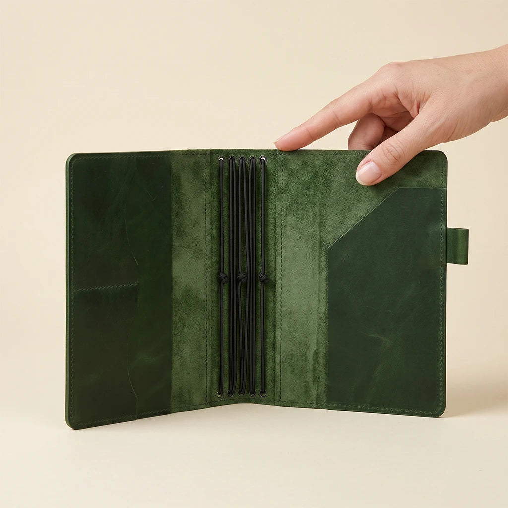 Leather notebook cover with five elastic inserts and convenient pen holder design