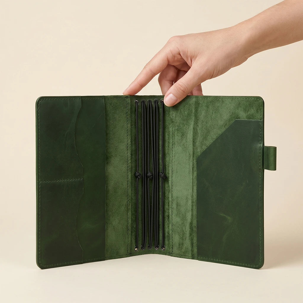 Leather journal holder with five elastics and organized pocket layout inside