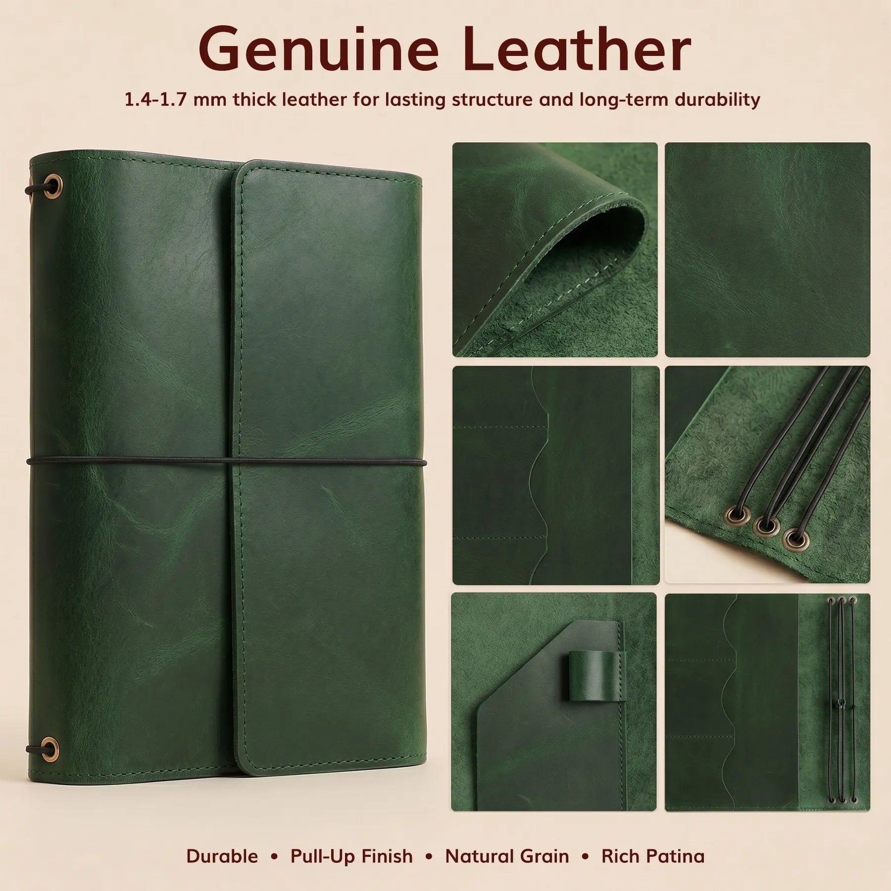 Elegant leather planner cover with multiple pockets and personalized engraving option