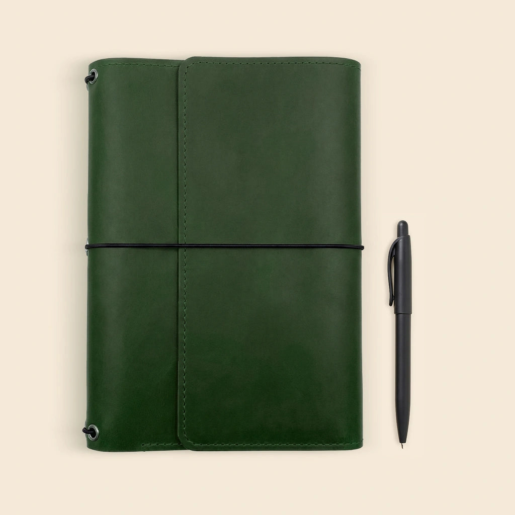 Leather writing organizer with premium natural leather and refillable notebook carrying design.