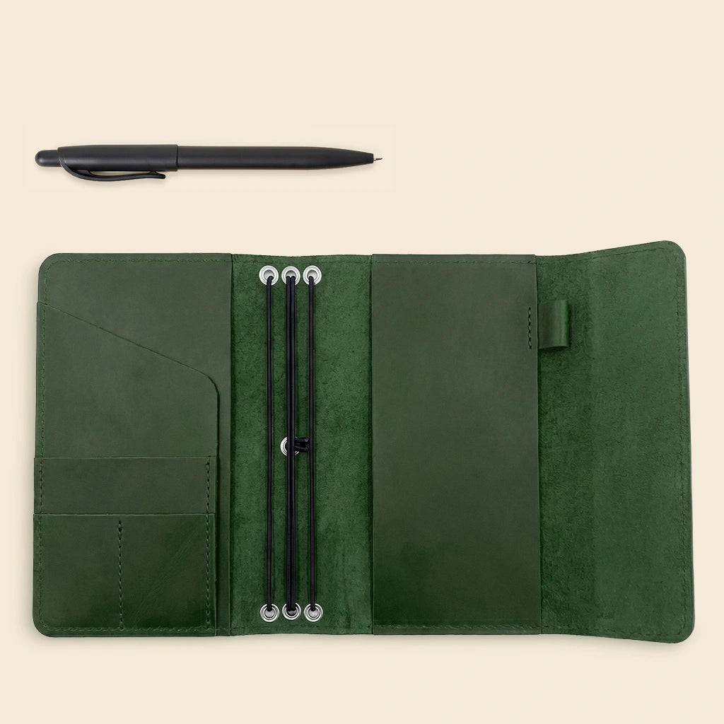 Genuine leather notebook portfolio with organizer pockets and refillable journal system.