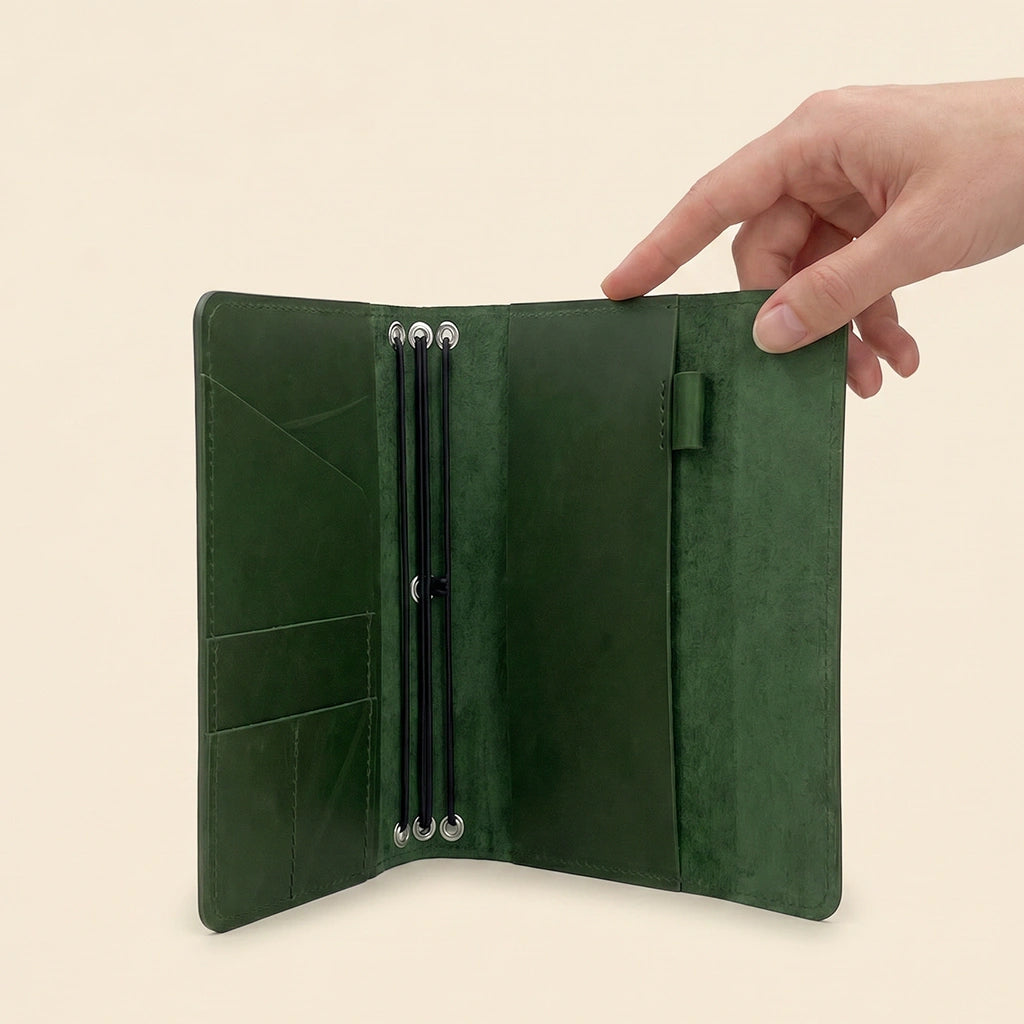 Durable genuine leather notebook cover with multiple pockets and refillable elastic system.