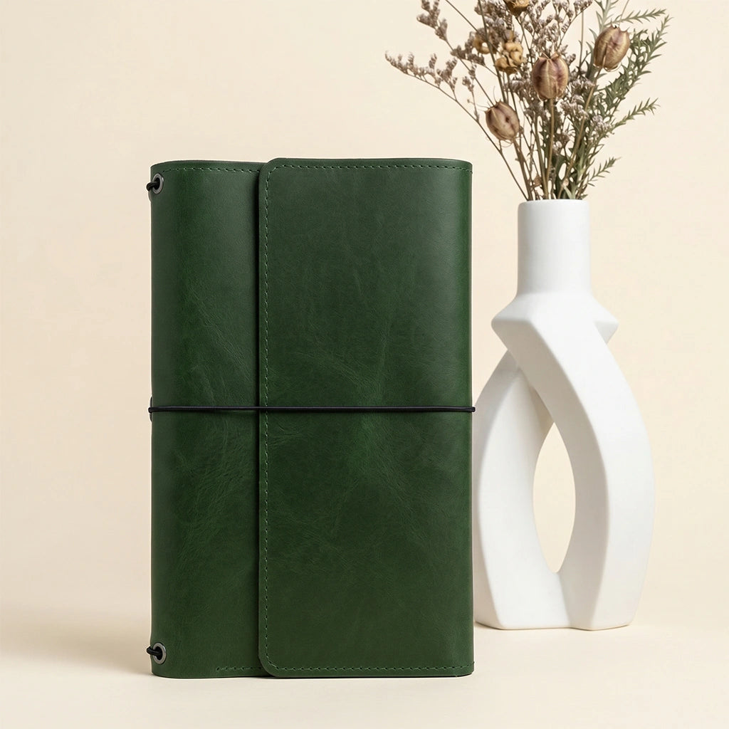 Genuine leather writing organizer with durable construction and practical notebook storage.
