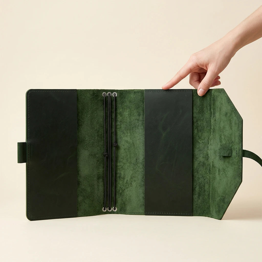 Handcrafted journal holder featuring leather exterior and elastic fastening details.