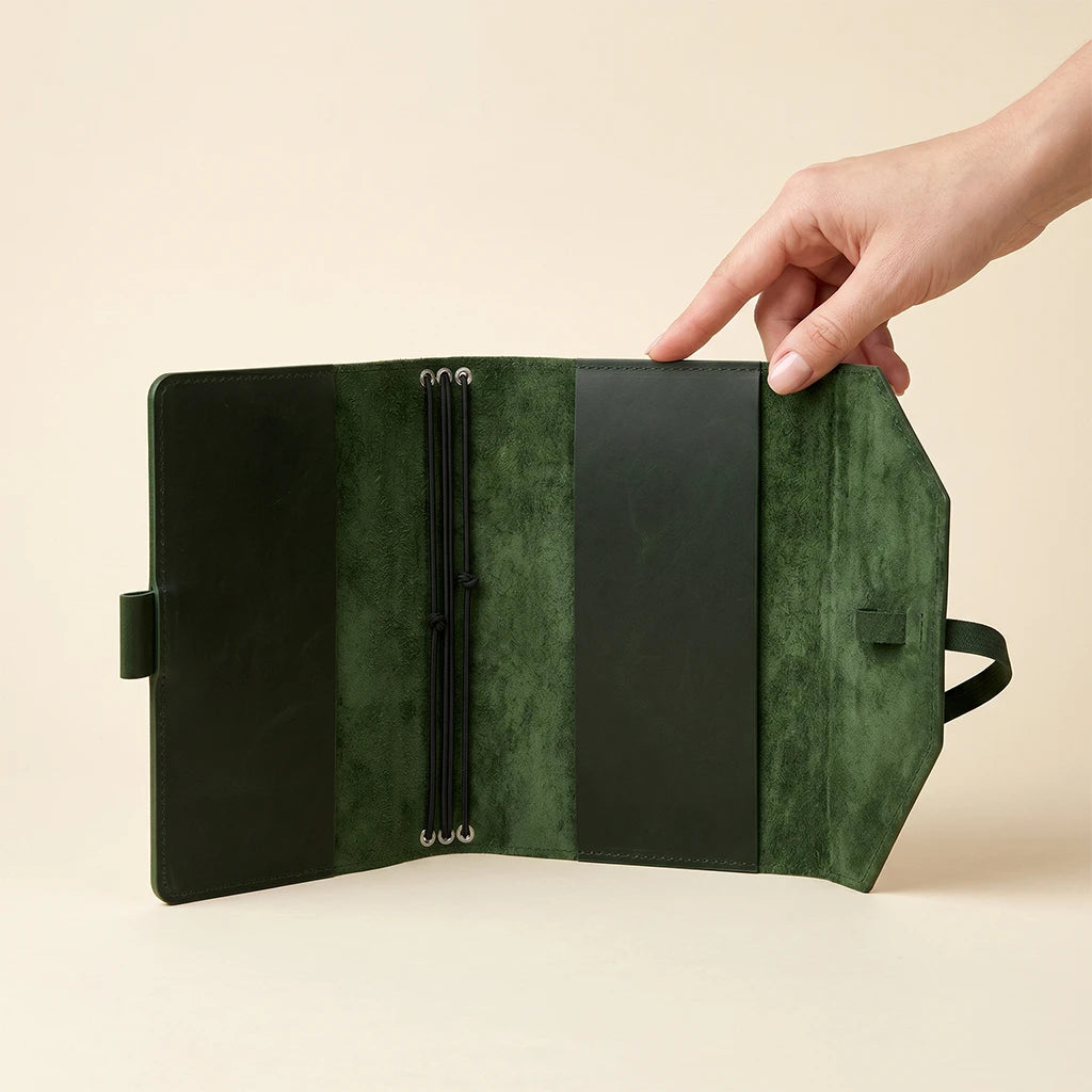 Functional leather notebook protector with elastic bands and pen carrying loop.
