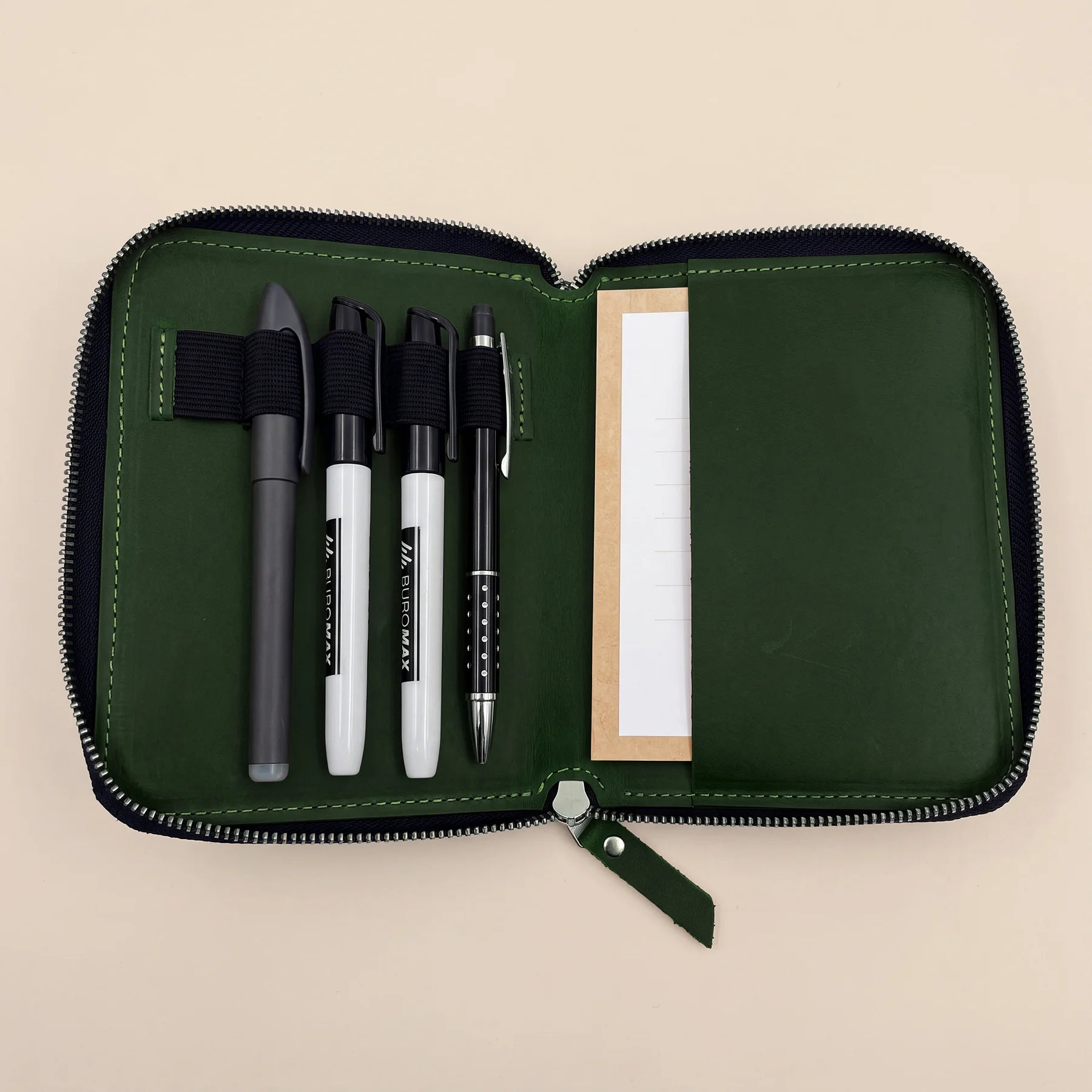 Smooth leather pencil pouch offering reliable zipper closure for daily organization.