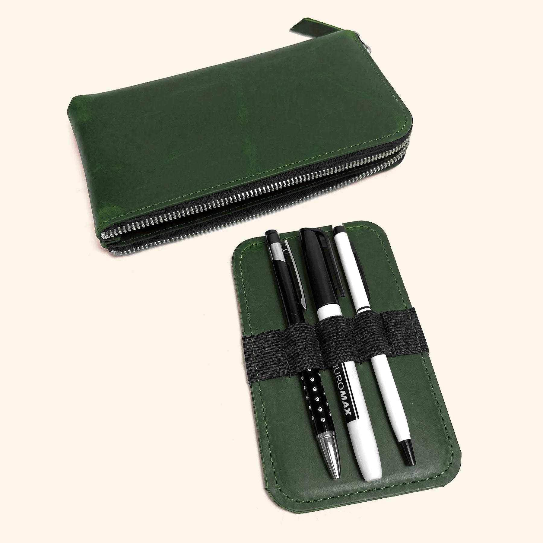 Leather pen travel pouch featuring smooth zip closure and premium handmade quality.