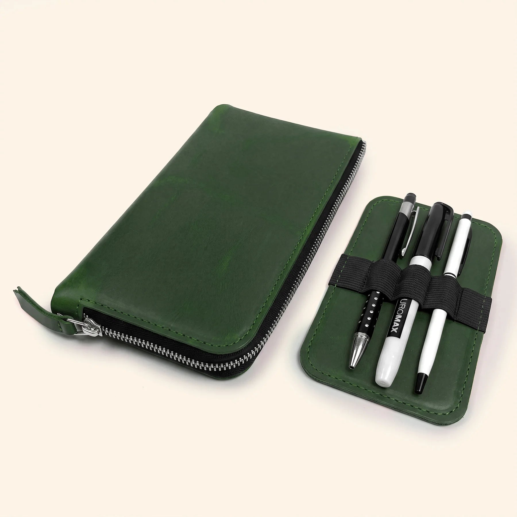 Full-grain leather stationery organizer with zipper for elegant everyday desk storage.