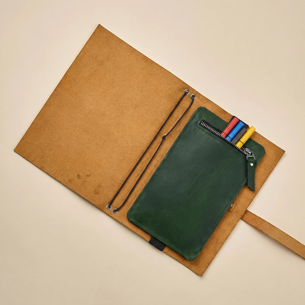 Leather notebook insert pocket with flexible elastic attachment design