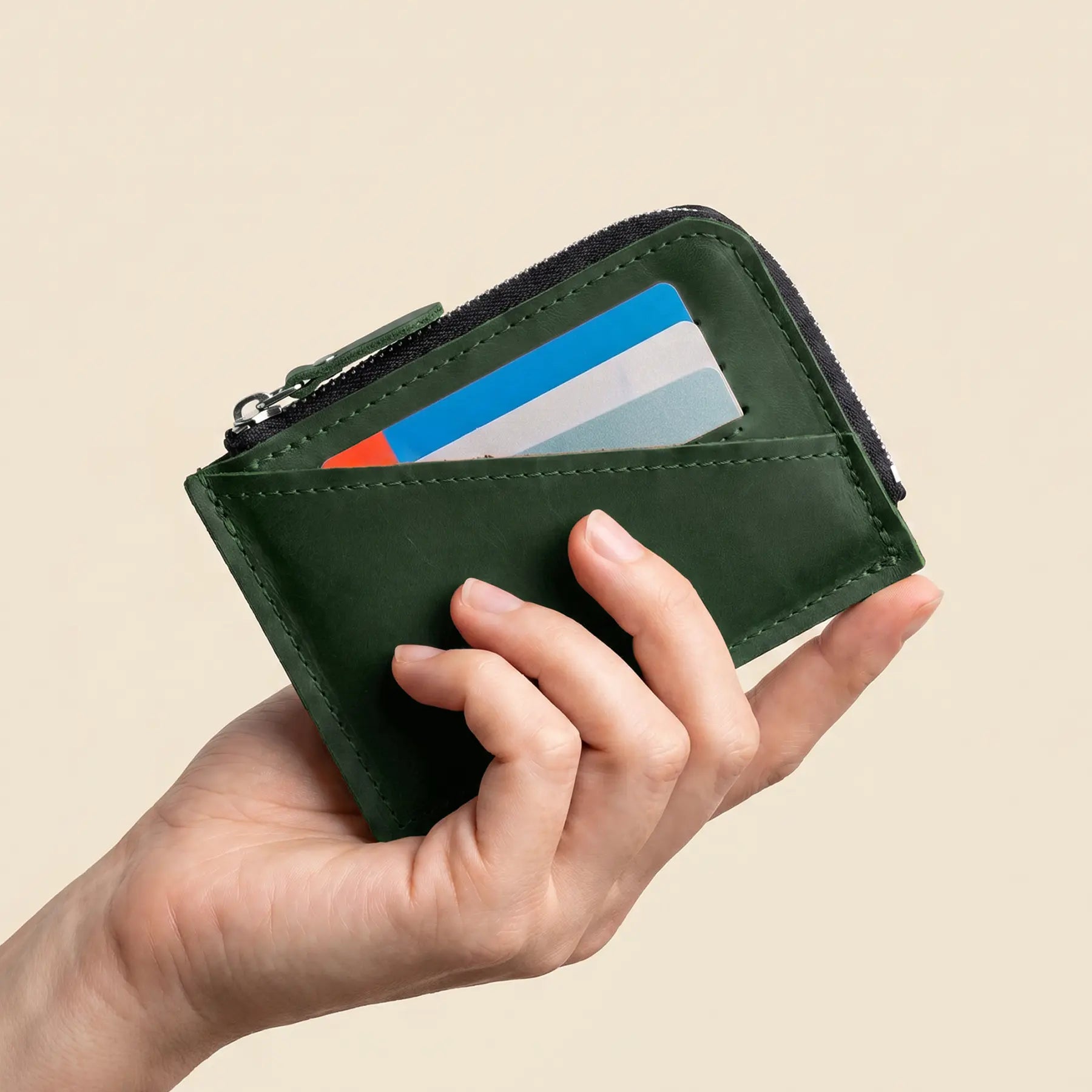 Everyday leather zip wallet designed for convenient storage in pockets, handbags, or backpacks.