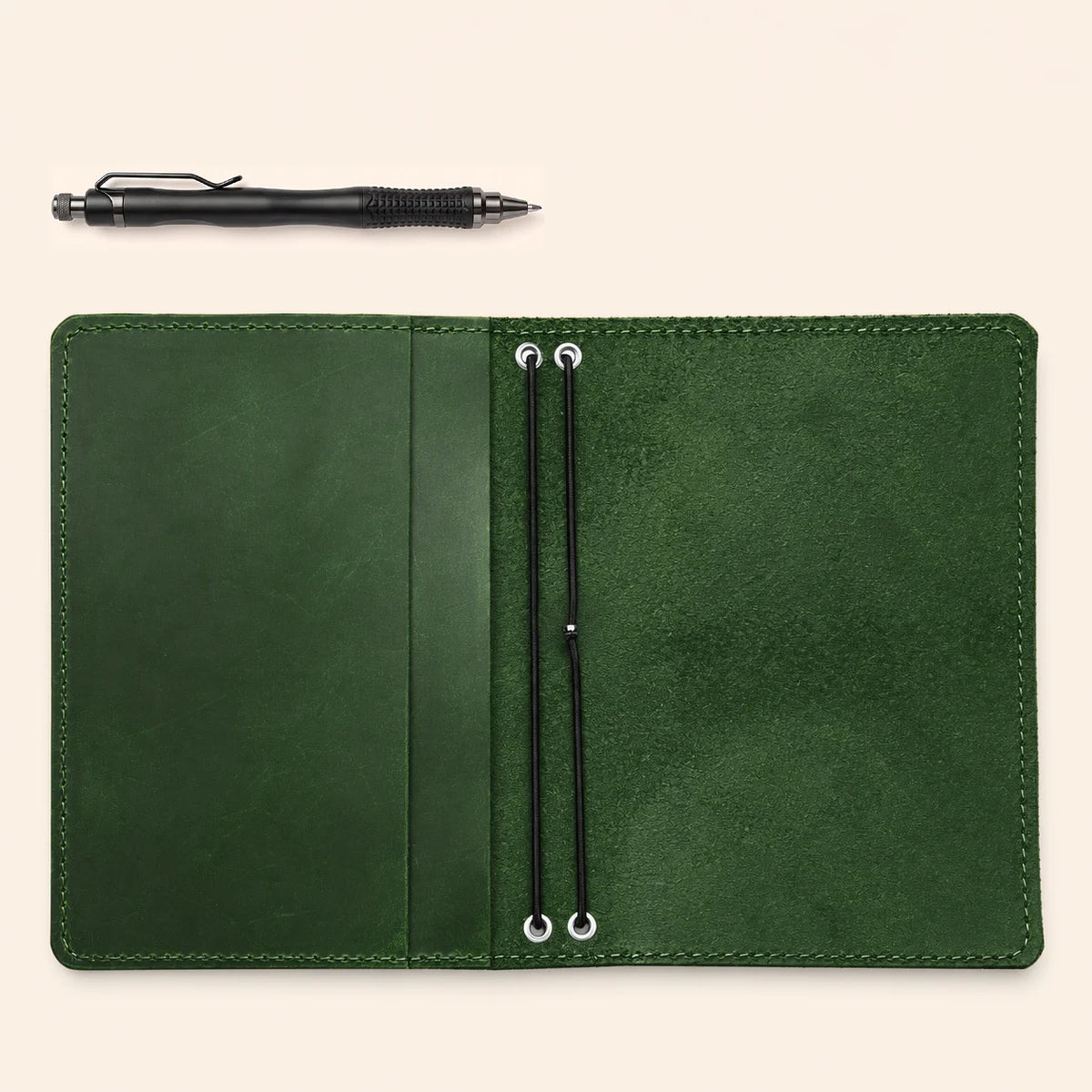 Handmade leather journal organizer featuring rugged texture, paired elastics, and inner compartments