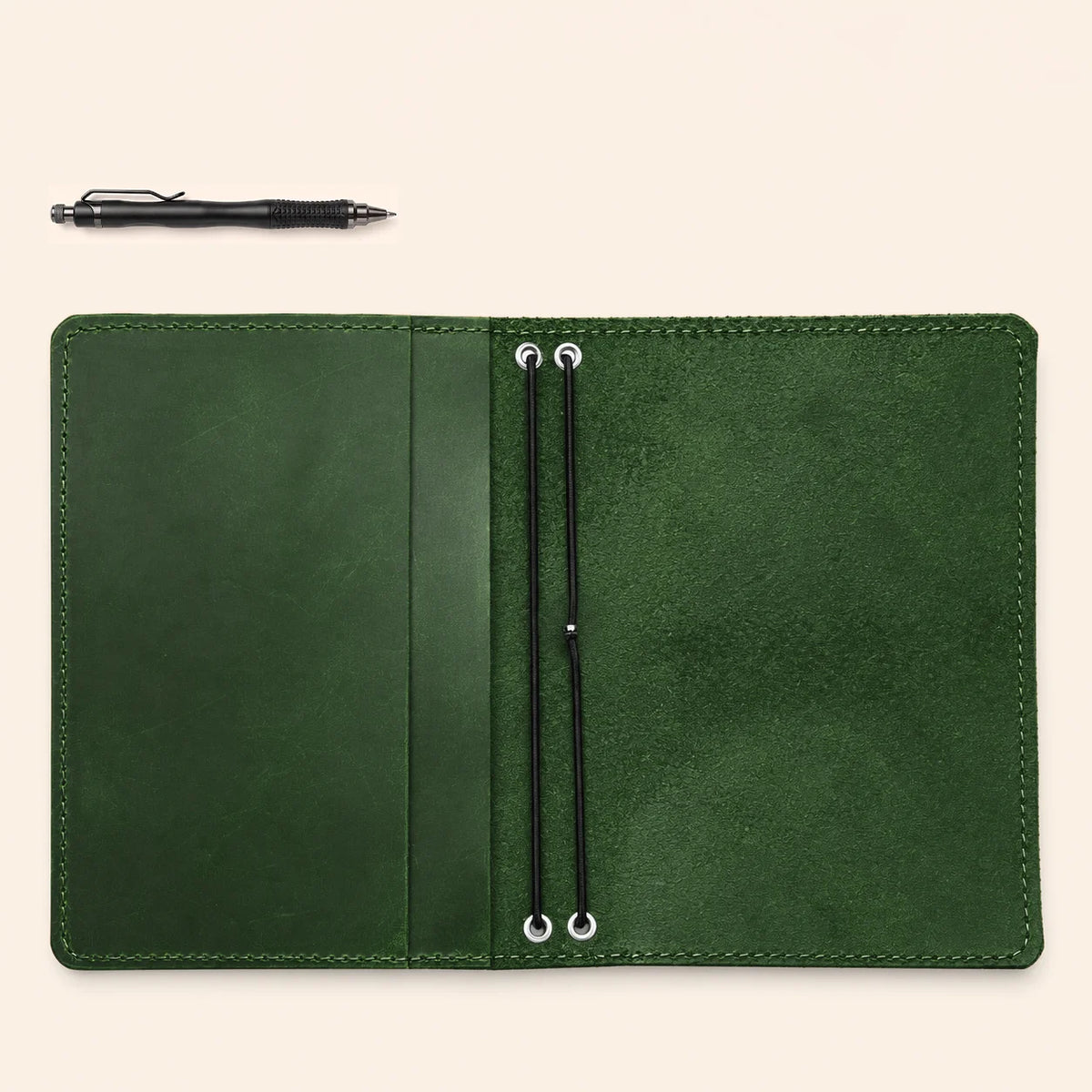 Handcrafted natural leather journal organizer featuring two bands and functional storage compartments