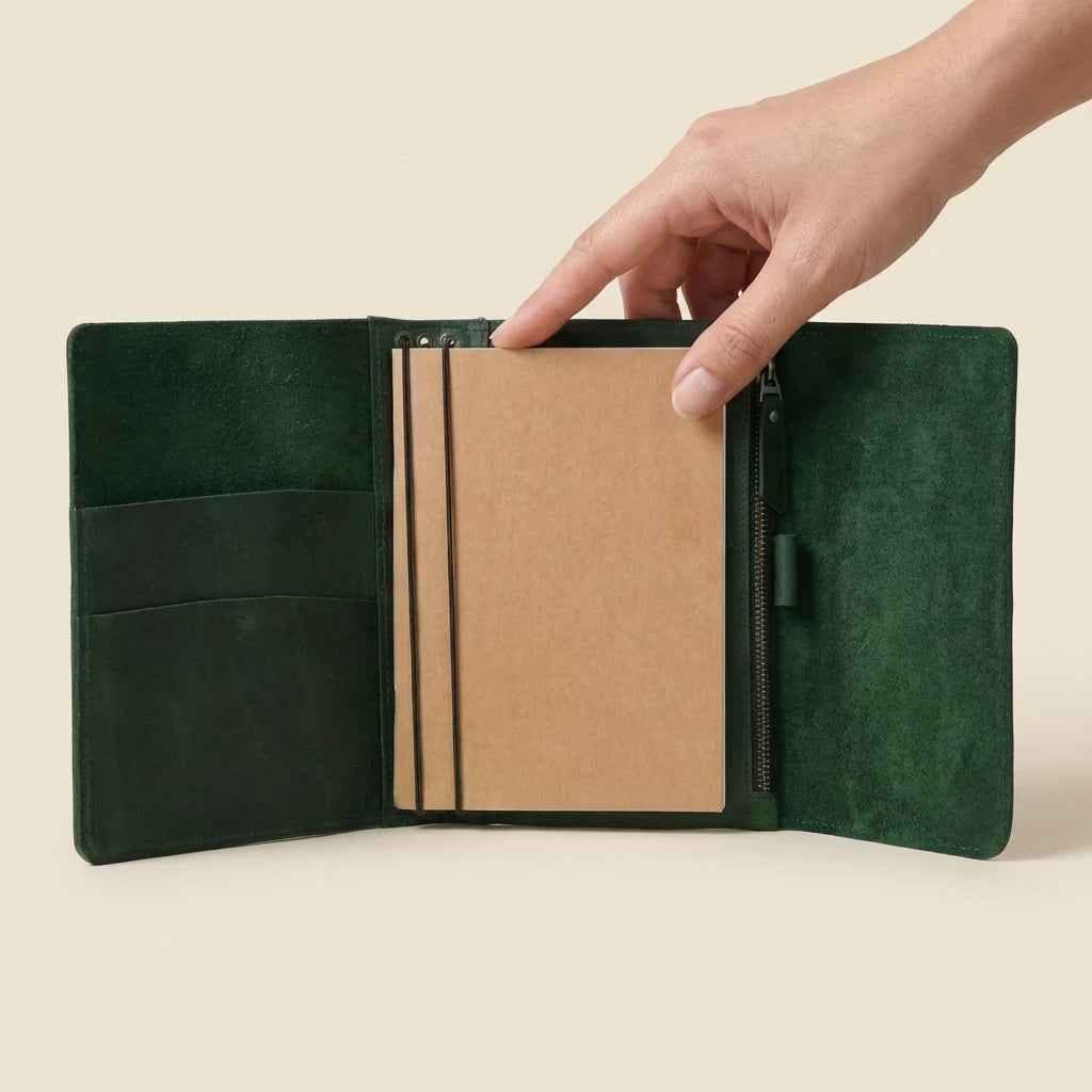 Green leather journal with a beige interior, held open by a hand on a beige background