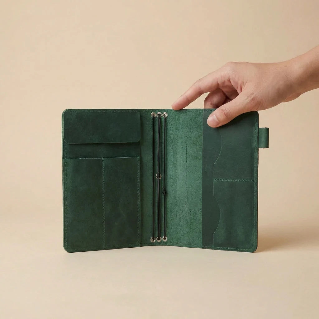 Green leather journal cover held open by a hand on a beige background