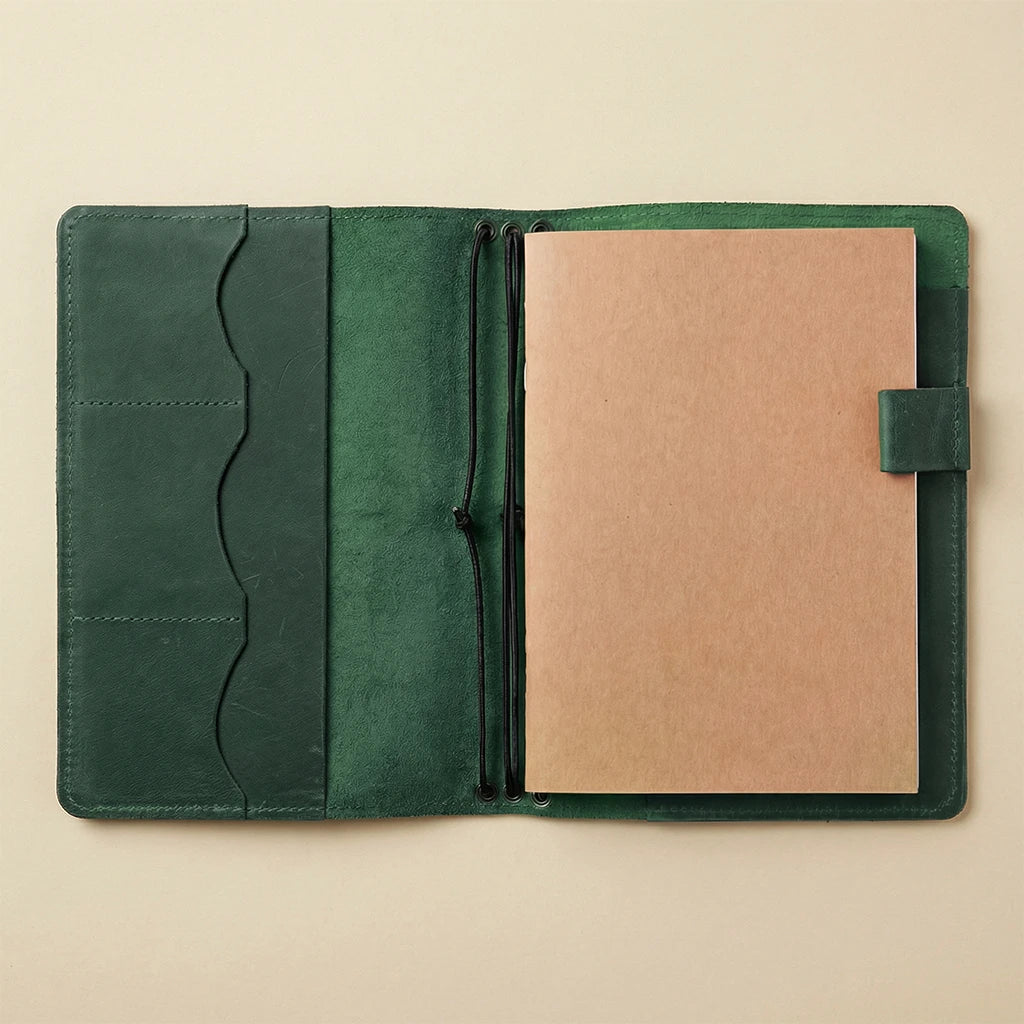 Green leather notebook cover with beige interior on a beige background