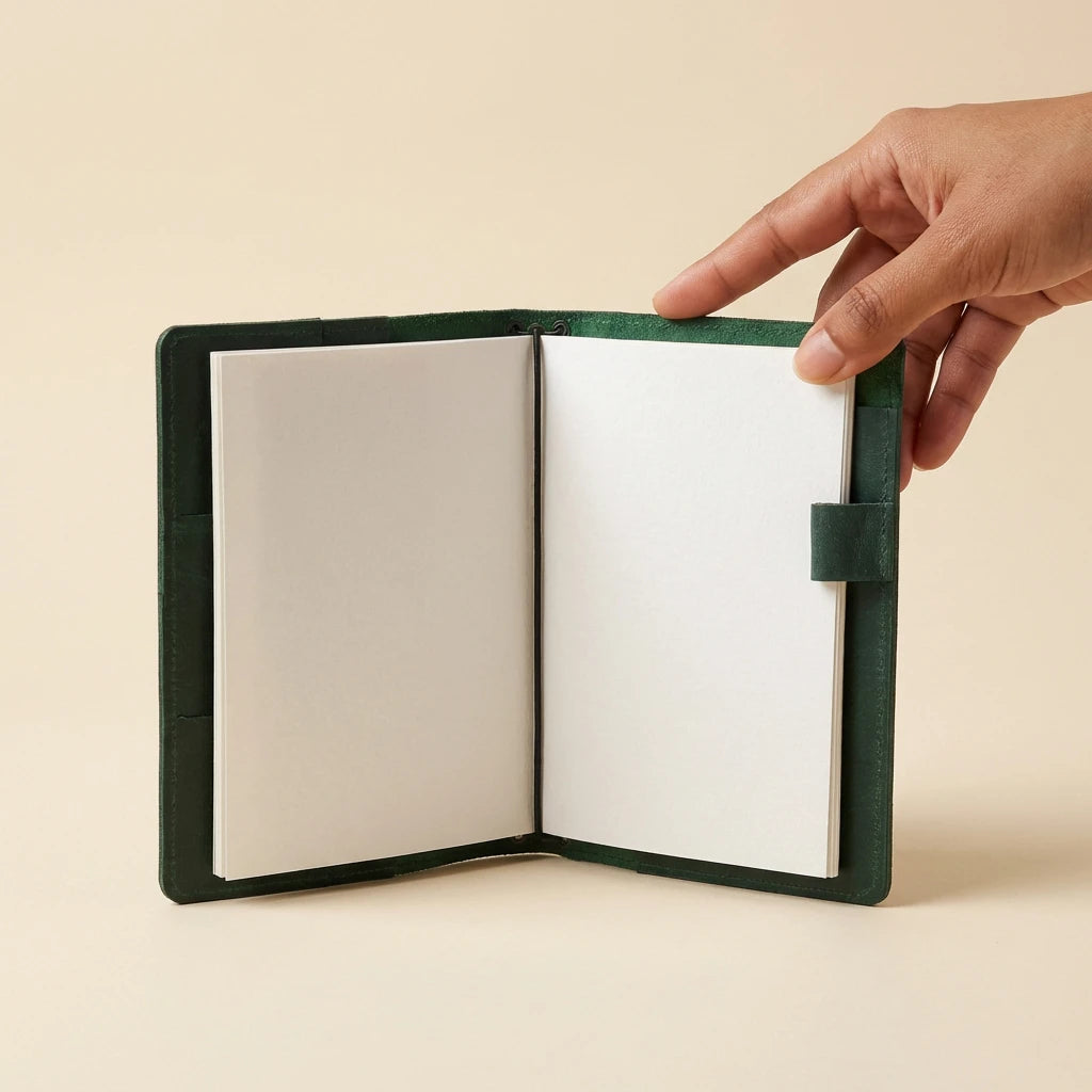 Hand holding a green leather-bound notebook with a beige background