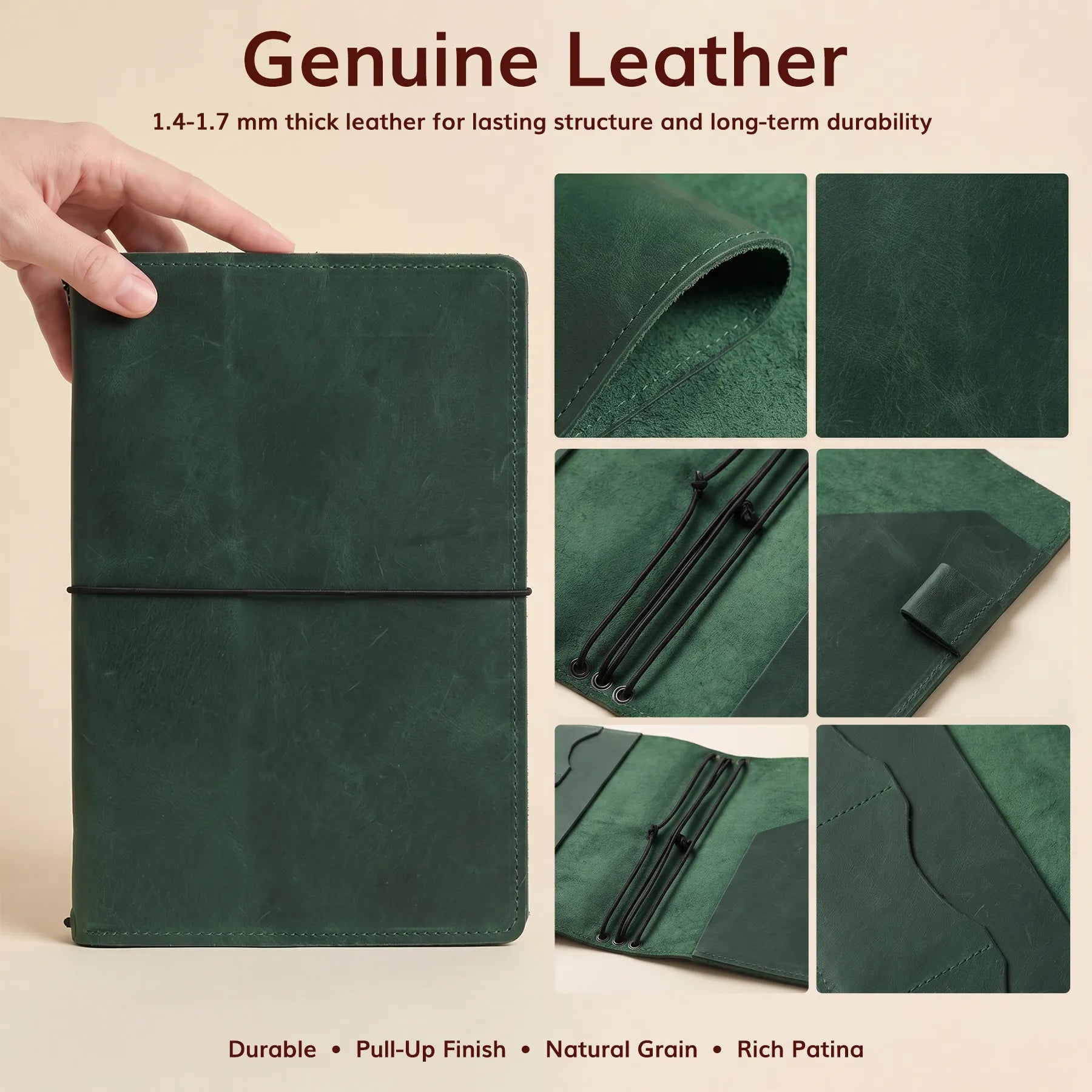 Premium leather notebook cover with card pockets and integrated pen holder